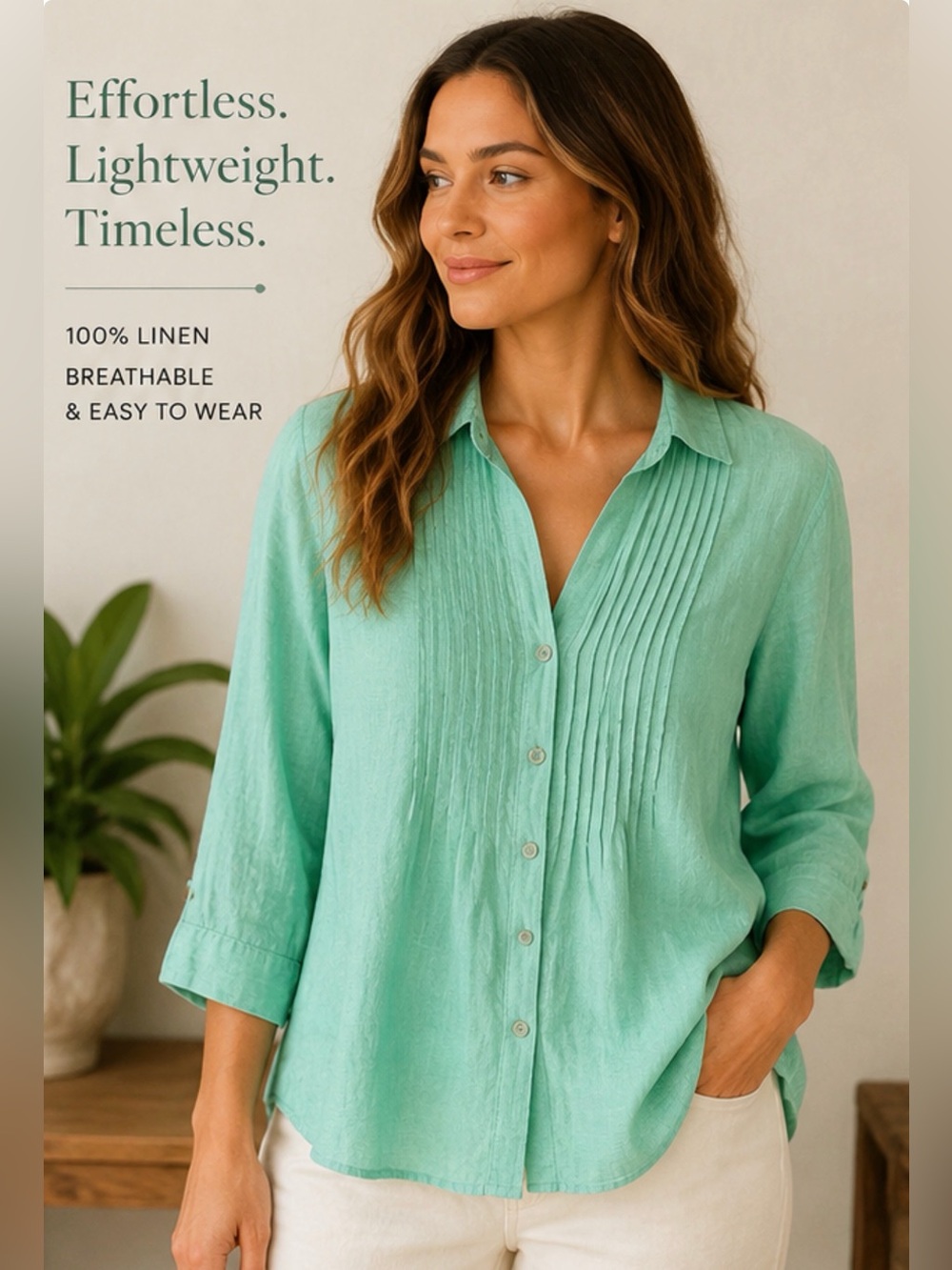 Foxcroft 100% Linen Mint Green Pintuck Button Up Blouse Coastal Resort Top 14